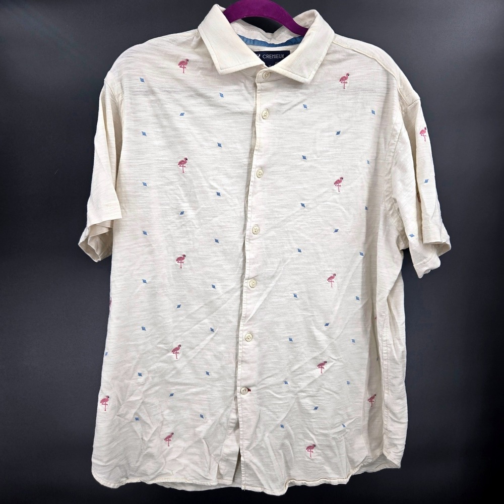 Cremieux Flamingo Diamond Knit Button Down Shirt‎ Cream Cotton Modal Blend XL